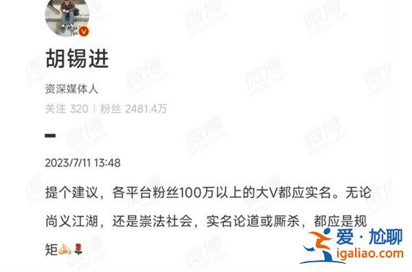 胡錫進|建議百萬粉絲大V都實名，為何需要實名[百萬粉絲大V]？