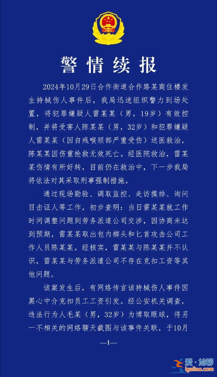 男子持械傷人事件不存在克扣工資問題 兩人傳謠被拘十日？